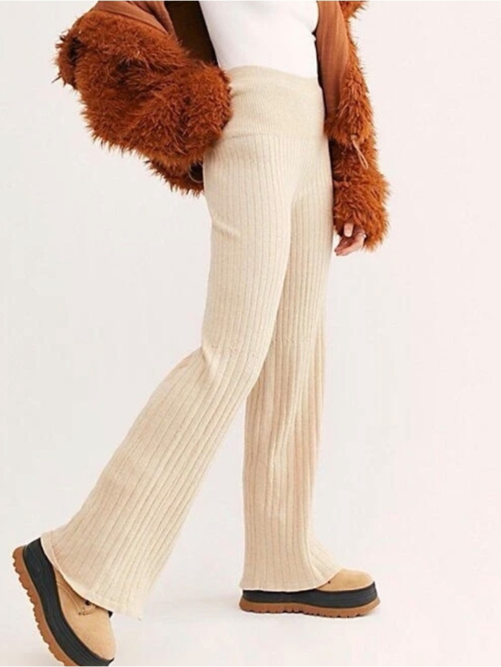 Free People Keep It Real‎ Ribbed Knit Wide-Leg Flared Pants in Cream Size XL